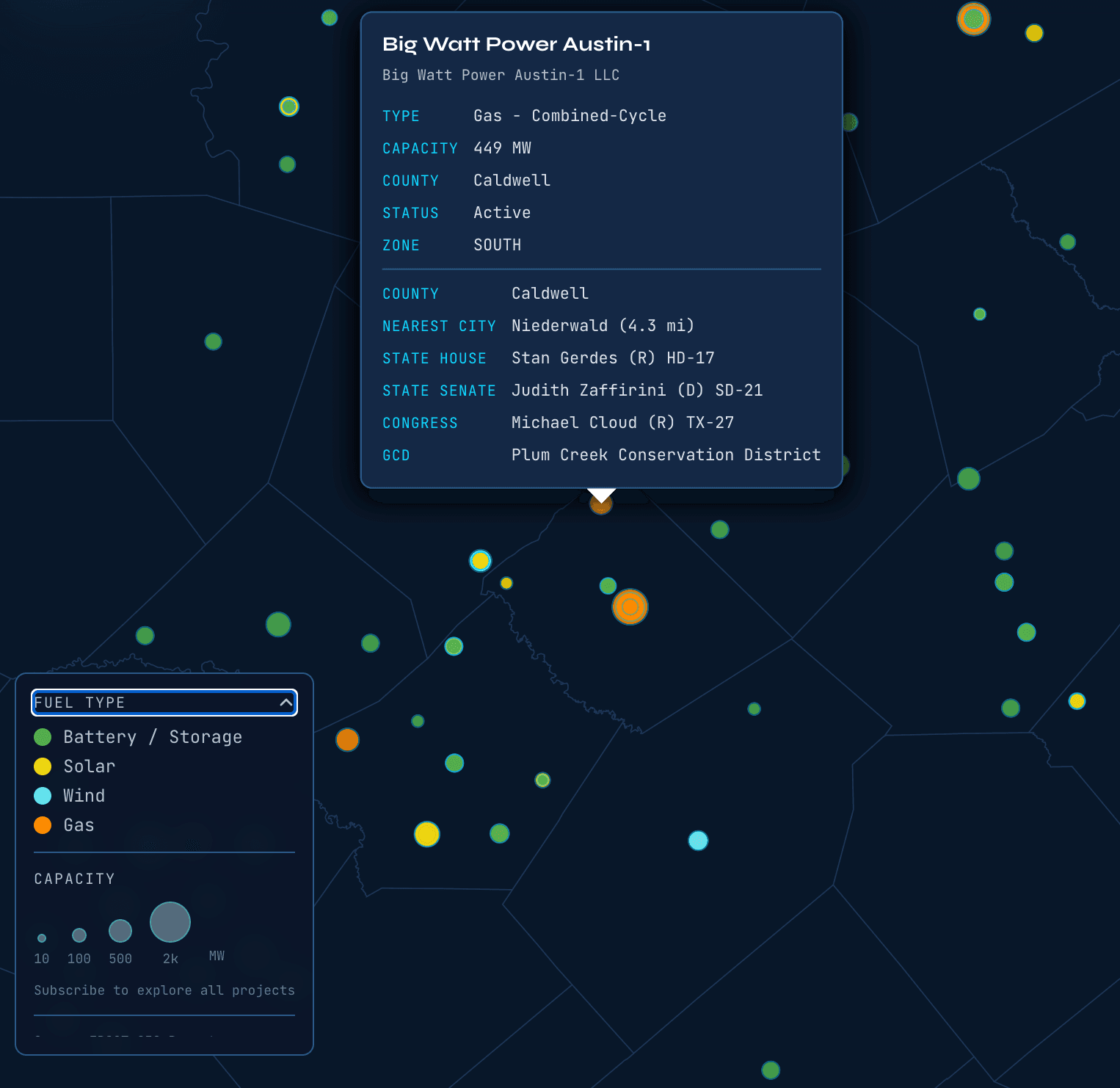 ERCOT interconnection queue map showing datacenter projects across Texas